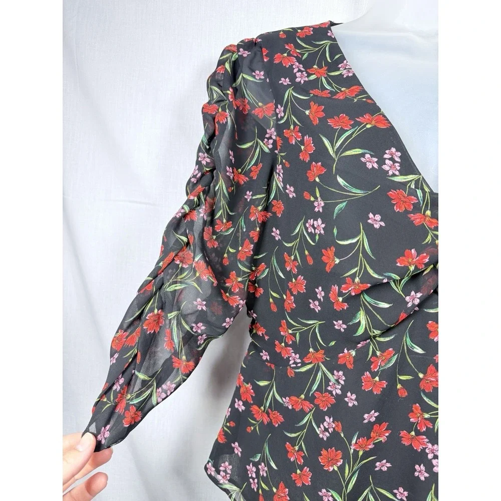 Banana Republic Floral Twist Front Blouse M Ruched Puff Sleeve Sheer Romantic‎